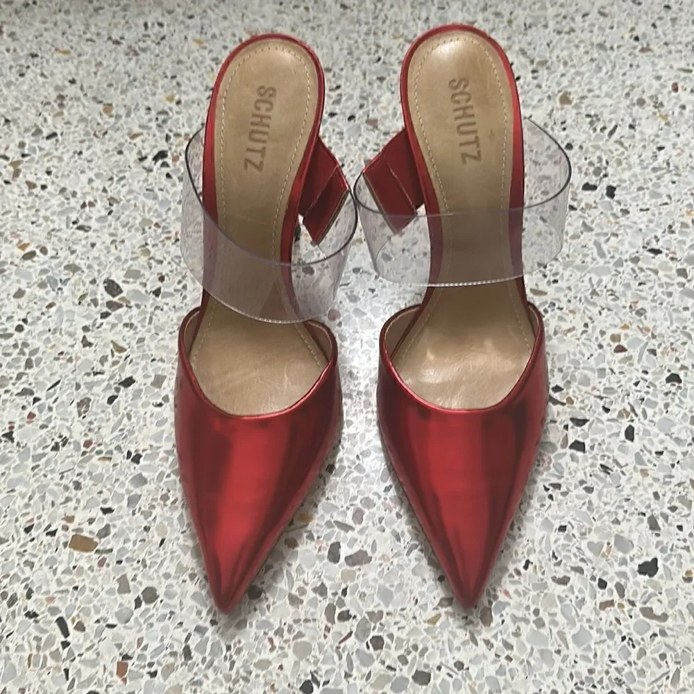 Schutz Sionne red clear transparent heel slingback 9.5